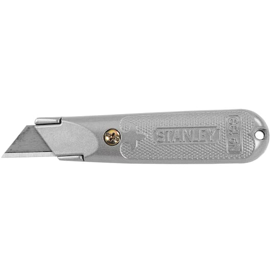 The STANLEY 5-3/8 in Classic 199® Fixed Blade Utility Knife features a silver, heavy-duty design with a textured handle and the brand name embossed on the side.